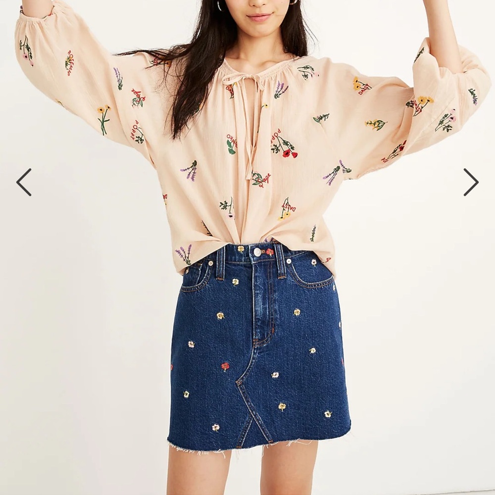 Madewell Blue A-Line Skirt with Floral Embroidery